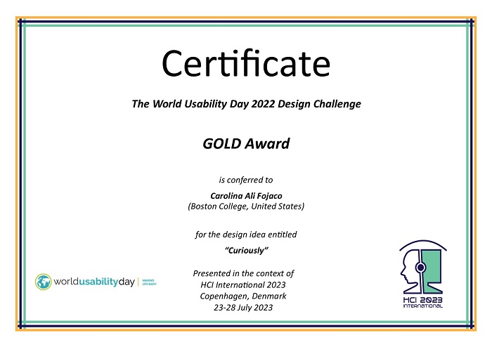 Certificate for the GOLD 2022 World Usability Day (WUD) Design Challenge (DC) award. Details in text following the image