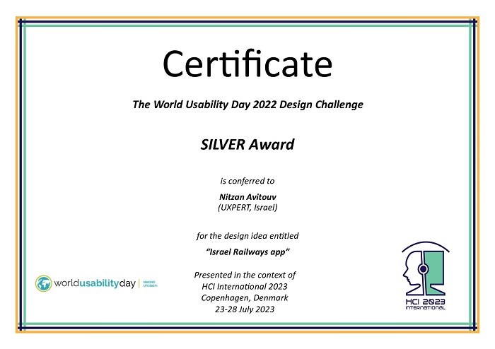 Certificate for the SILVER 2022 World Usability Day (WUD) Design Challenge (DC) award. Details in text following the image