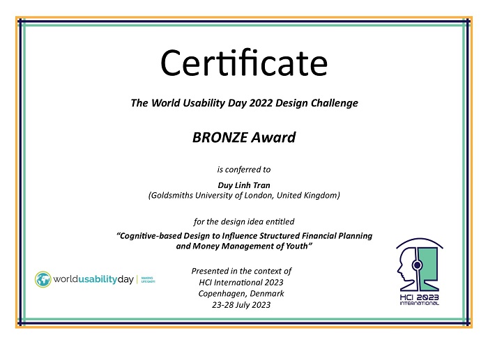 Certificate for the BRONZE 2022 World Usability Day (WUD) Design Challenge (DC) award. Details in text following the image