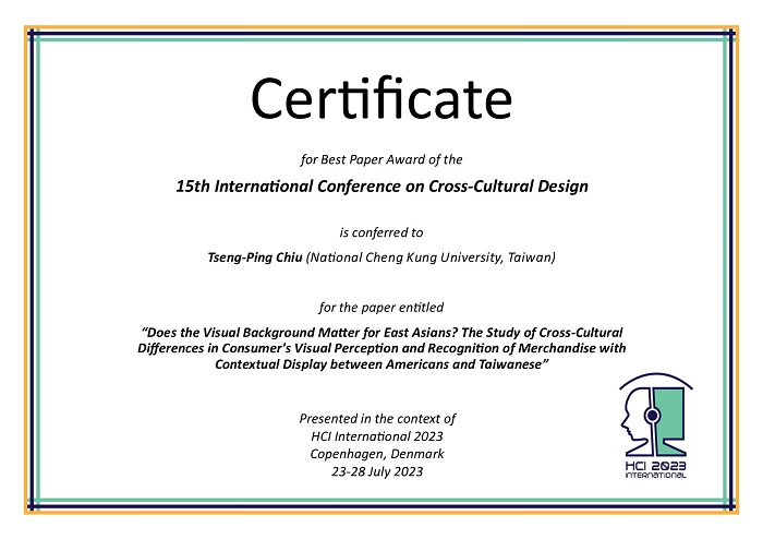 Certificate for best paper award of the 15th International Conference on Cross-Cultural Design. Details in text following the image