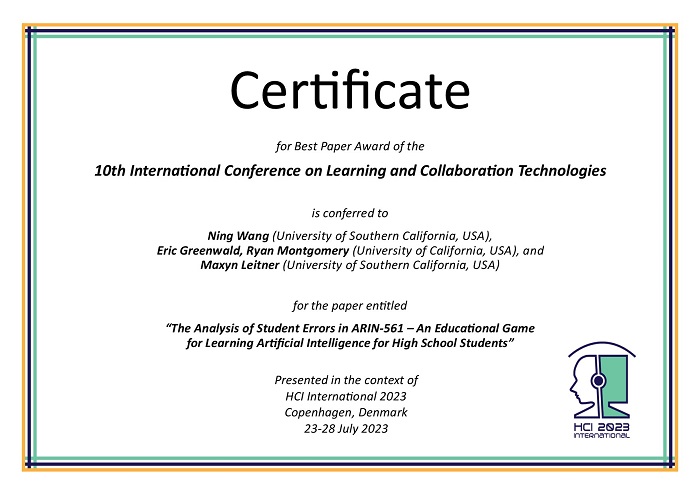 Certificate for best paper award of the 10th International Conference on Learning and Collaboration Technologies. Details in text following the image