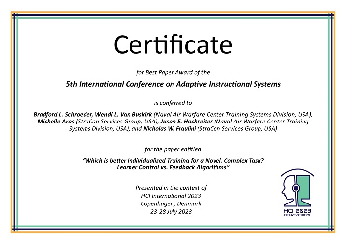 Certificate for best paper award of the 5th International Conference on Adaptive Instructional Systems. Details in text following the image