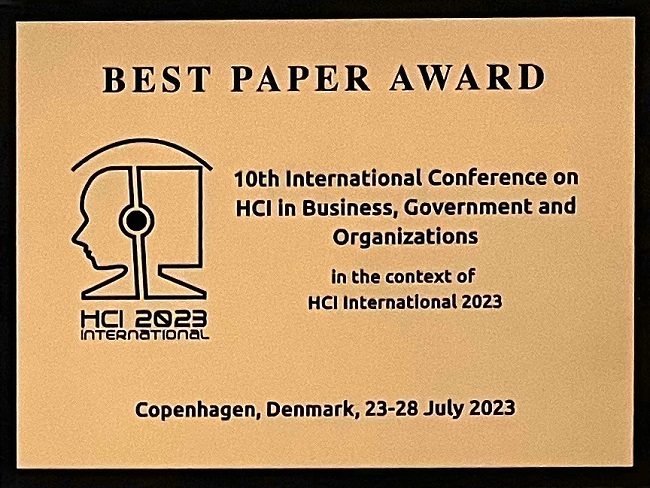 10th International Conference on HCI in Business, Government and Organizations Best Paper Award. Details in text following the image.