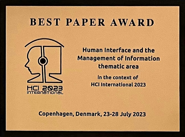 Human Interface and the Management of Information Best Paper Award. Details in text following the image.