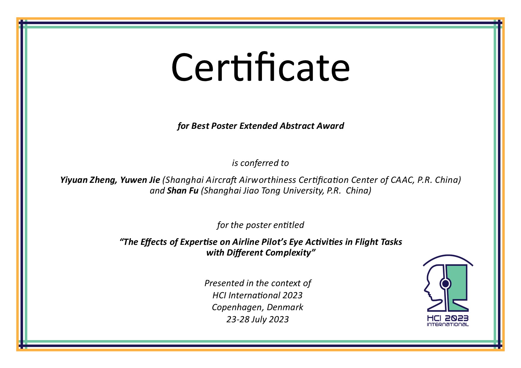 Certificate for Best Poster Extended Abstract Award. Details in text following the image