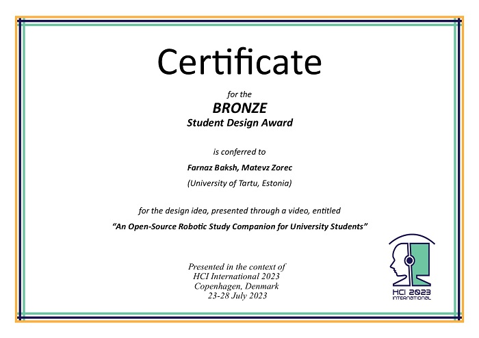 Certificate for the BRONZE student design award. Details in text following the image
