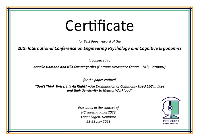 Certificate for best paper award of the 20th International Conference on Engineering Psychology and Cognitive Ergonomics. Details in text following the image