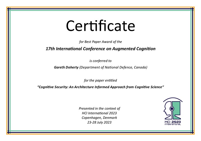 Certificate for best paper award of the 17th International Conference on Augmented Cognition. Details in text following the image