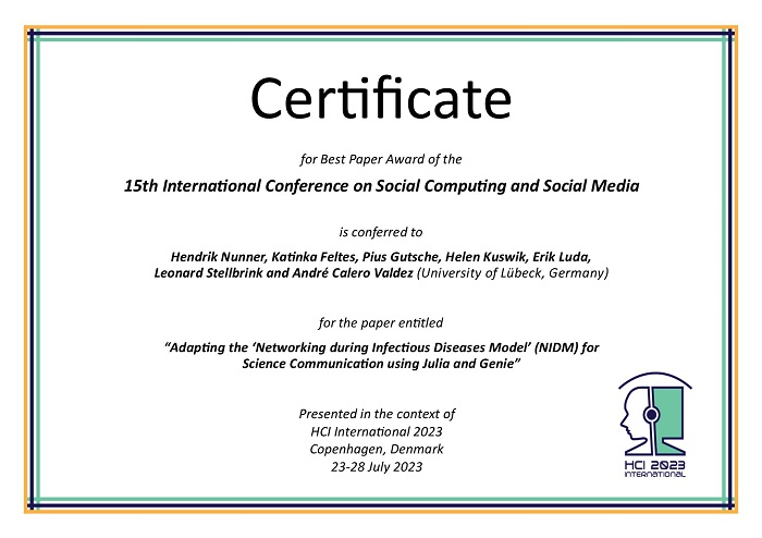 Certificate for best paper award of the 15th International Conference on Social Computing and Social Media. Details in text following the image