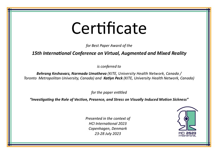Certificate for best paper award of the 15th International Conference on Virtual, Augmented and Mixed Reality. Details in text following the image