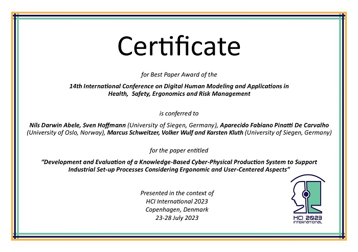 Certificate for best paper award of the 14th International Conference on Digital Human Modeling & Applications in Health, Safety, Ergonomics & Risk Management. Details in text following the image