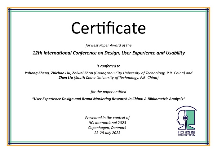 Certificate for best paper award of the 12th International Conference on Design, User Experience and Usability. Details in text following the image