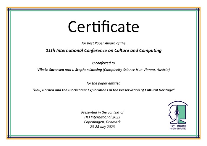 Certificate for best paper award of the 11th International Conference on Culture and Computing. Details in text following the image