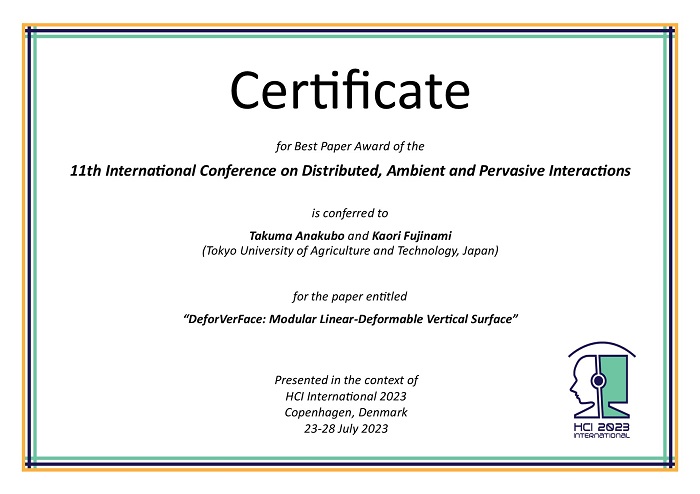 Certificate for best paper award of the 11th International Conference on Distributed, Ambient and Pervasive Interactions. Details in text following the image