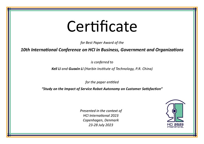 Certificate for best paper award of the 10th International Conference on HCI in Business, Government and Organizations. Details in text following the image