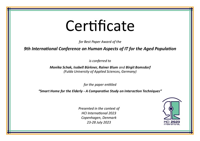Certificate for best paper award of the 9th International Conference on Human Aspects of IT for the Aged Population. Details in text following the image