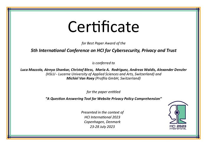 Certificate for best paper award of the 5th International Conference on HCI for Cybersecurity, Privacy and Trust. Details in text following the image
