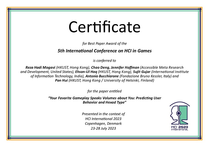 Certificate for best paper award of the 5th International Conference on HCI in Games. Details in text following the image