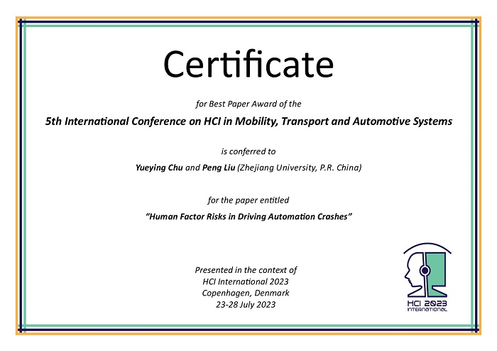 Certificate for best paper award of the 5th International Conference on HCI in Mobility, Transport and Automotive Systems. Details in text following the image