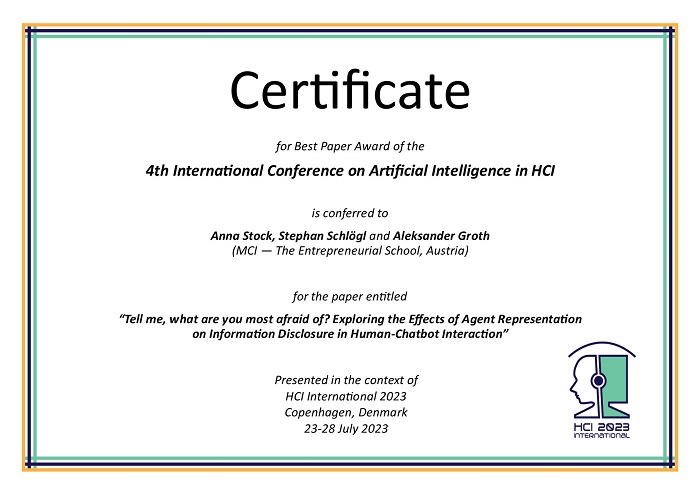 Certificate for best paper award of the 4th International Conference on Artificial Intelligence in HCI. Details in text following the image
