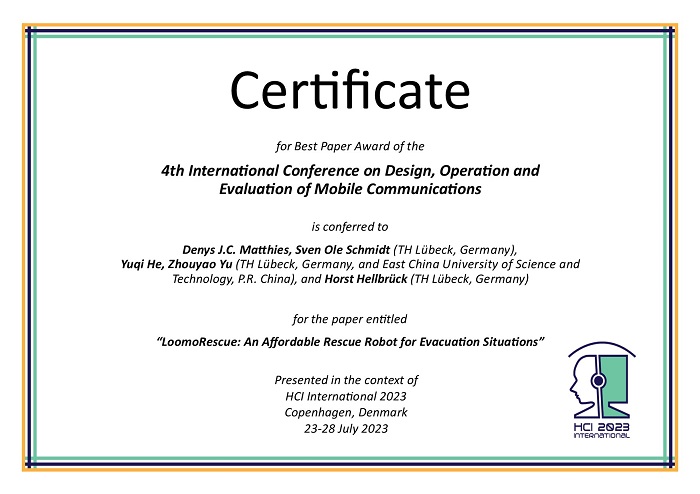 Certificate for best paper award of the 4th International Conference on Design, Operation and Evaluation of Mobile Communications. Details in text following the image