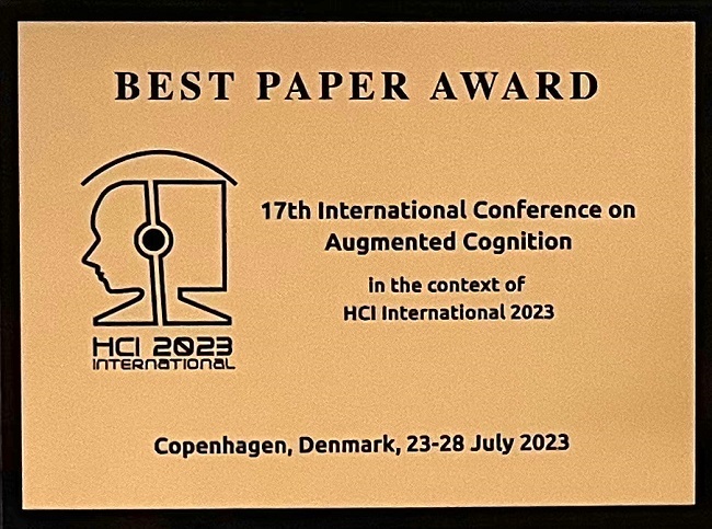17th International Conference on Augmented Cognition Best Paper Award. Details in text following the image.