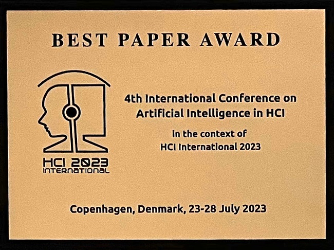 4th International Conference on Artificial Intelligence in HCI Best Paper Award. Details in text following the image.