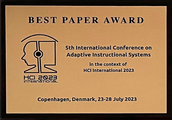 5th International Conference on Adaptive Instructional Systems Best Paper Award. Details in text following the image.