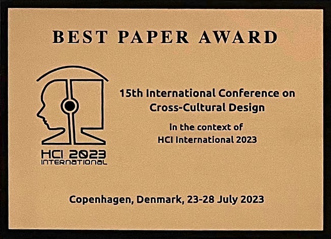 15th International Conference on Cross-Cultural Design Best Paper Award. Details in text following the image.
