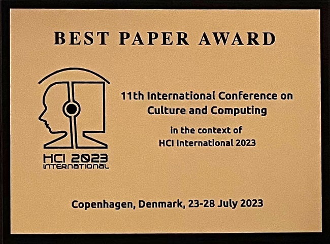 11th International Conference on Culture and Computing Best Paper Award. Details in text following the image.