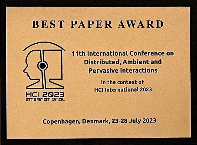 11th International Conference on Distributed, Ambient and Pervasive Interactions Best Paper Award. Details in text following the image.