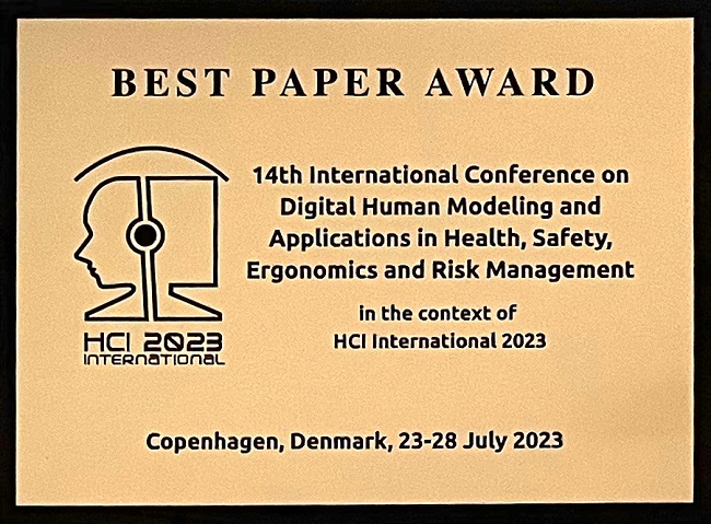 14th International Conference on Digital Human Modeling & Applications in Health, Safety, Ergonomics & Risk Management Best Paper Award. Details in text following the image.