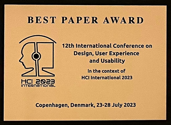 12th International Conference on Design, User Experience and Usability Best Paper Award. Details in text following the image.