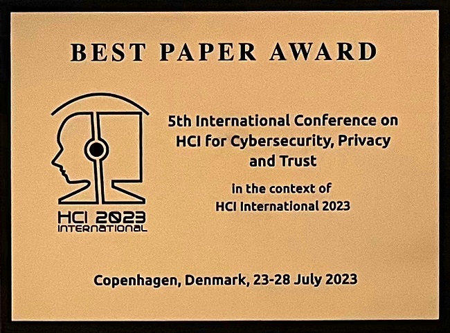 5th International Conference on HCI for Cybersecurity, Privacy and Trust Best Paper Award. Details in text following the image.