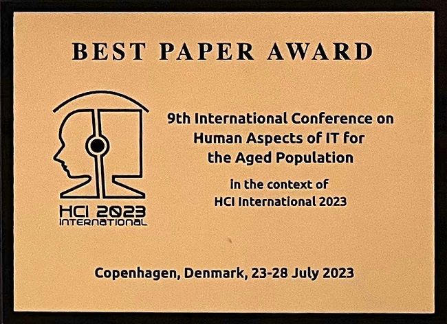 9th International Conference on Human Aspects of IT for the Aged Population Best Paper Award. Details in text following the image.