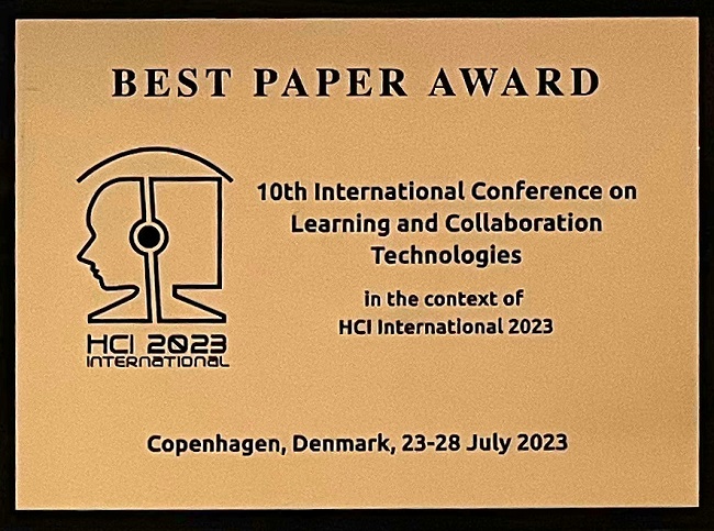 10th International Conference on Learning and Collaboration Technologies Best Paper Award. Details in text following the image.