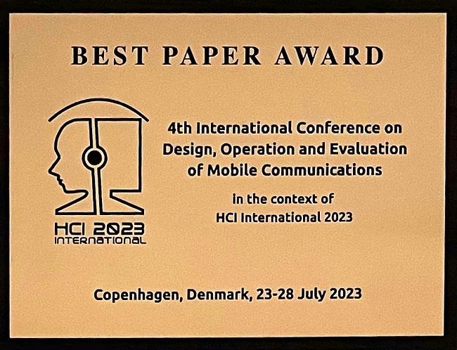 4th International Conference on Design, Operation and Evaluation of Mobile Communications Best Paper Award. Details in text following the image.