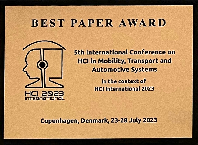 5th International Conference on HCI in Mobility, Transport and Automotive Systems Best Paper Award. Details in text following the image.