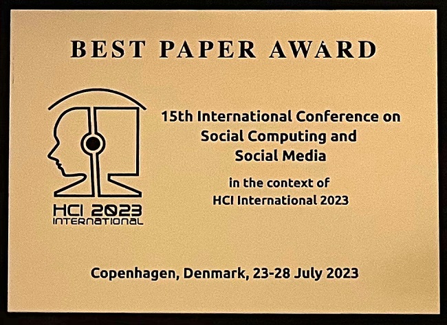 15th International Conference on Social Computing and Social Media Best Paper Award. Details in text following the image.