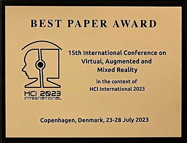 15th International Conference on Virtual, Augmented and Mixed Reality Best Paper Award. Details in text following the image.